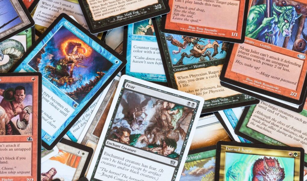 A close-up of Magic: The Gathering cards.