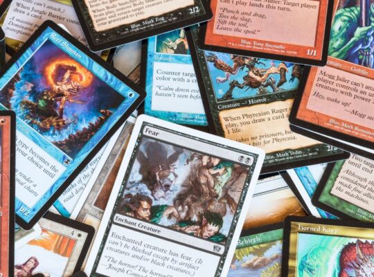A close-up shot of Magic: The Gathering cards.