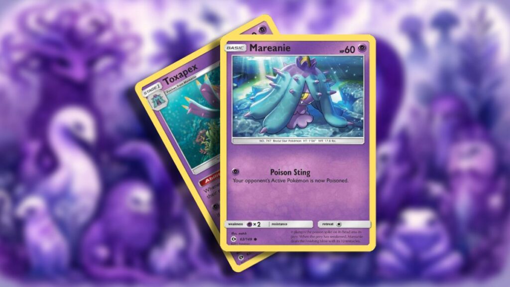 Two Pokemon cards, both Poison, on top of a purple background.