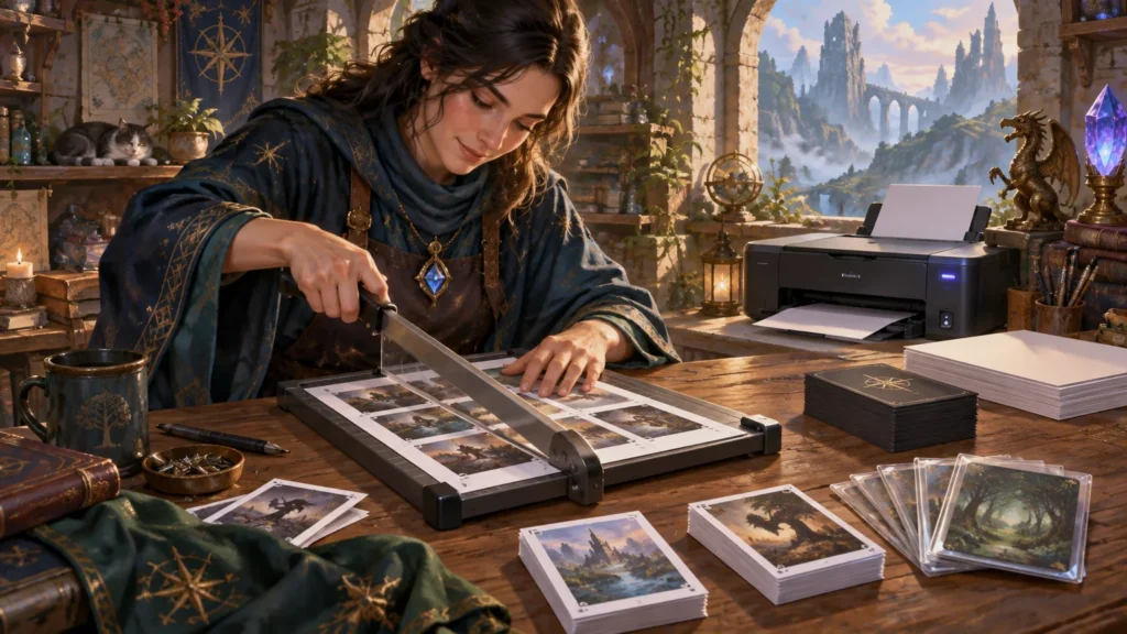 Fantasy-clad woman uses a paper cutter to trim illustrated card sheets beside a home printer, stacks of blank paper, sleeved cards, and a dragon figurine in a sunlit tower workshop.