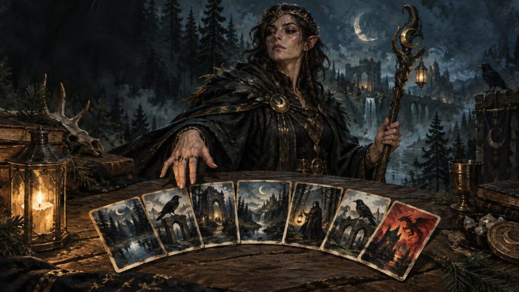 Dark fantasy scene of an elf-like woman in a feathered cloak holding a twisted staff over a table of illustrated cards, with lanterns, ravens, a moonlit forest, and a distant castle behind her.