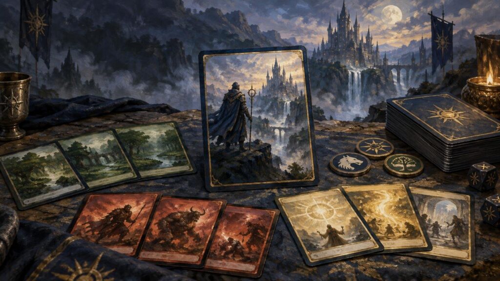 Painterly fantasy tabletop scene with illustrated cards, a tall featured card showing a cloaked figure facing a distant castle, card stacks, emblem-like tokens, dice, a candle, and a moonlit mountain landscape.