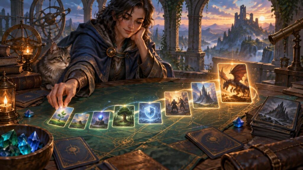 Painterly fantasy scene of a cloaked woman with a cat arranging glowing illustrated cards in a rising curve across a tabletop, with crystals, books, astronomical instruments, and ruined towers at sunset behind her.