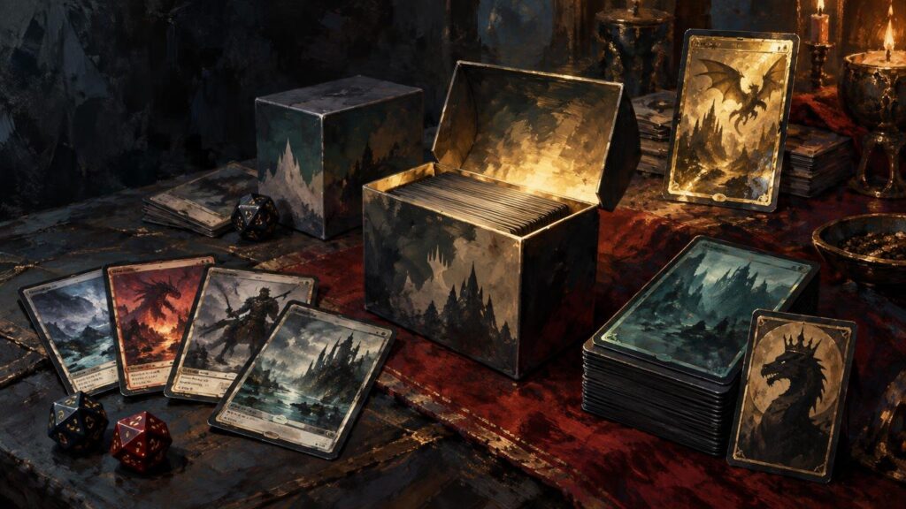 Painterly tabletop scene with fantasy trading cards, stacked decks, open card boxes, polyhedral dice, and candlelight in dark blue, gold, and red tones.
