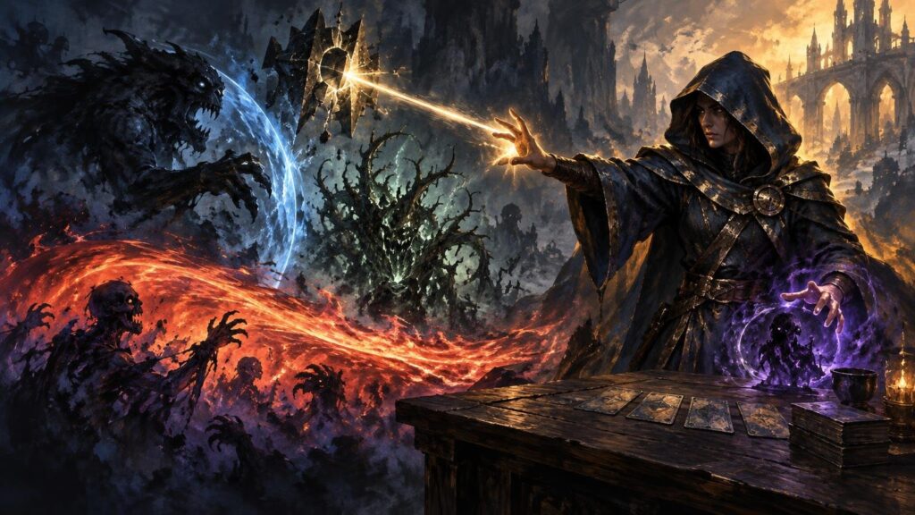 Painterly fantasy scene of a hooded mage at a table of cards casting gold and purple magic toward shadowy monsters, undead figures, and a fiery sweeping wave beneath ruined gothic towers.