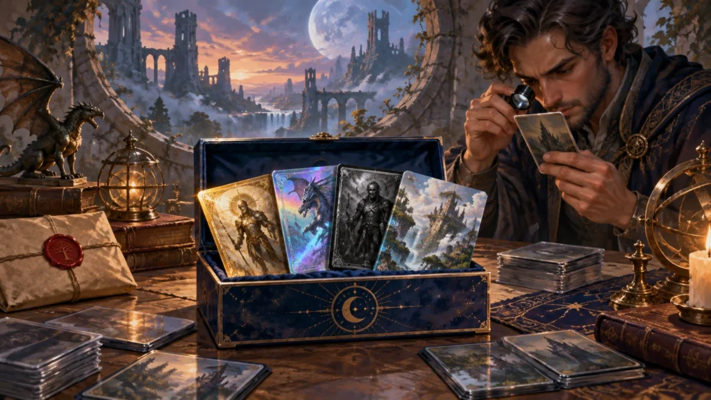 Painterly fantasy scene of a collector examining illustrated cards with a loupe beside an open blue keepsake box, card stacks, books, a dragon figurine, and moonlit ruined towers.