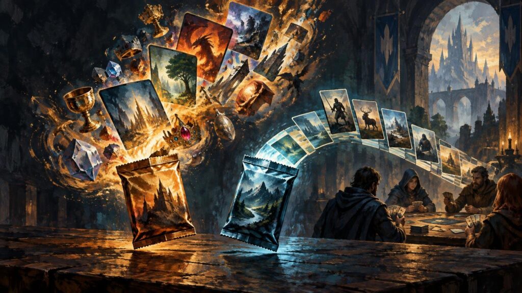 Painterly fantasy scene of two illustrated card packs and a swirling arc of trading-card-like images above a table where four people play cards in a castle hall.