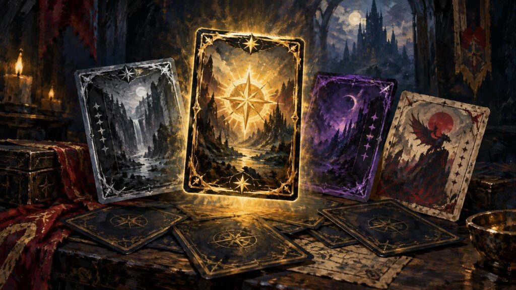 Painterly fantasy scene of several ornate, oversized card-like panels on a worn table, including a glowing gold card with a compass-star emblem, a purple night landscape card, and a red dragon silhouette card before a moonlit castle.