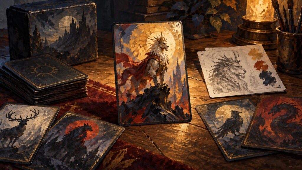 Painterly tabletop scene of custom fantasy cards, an upright lion warrior illustration, a stacked deck, a sketch with paint swatches, brushes, and a warm lantern.