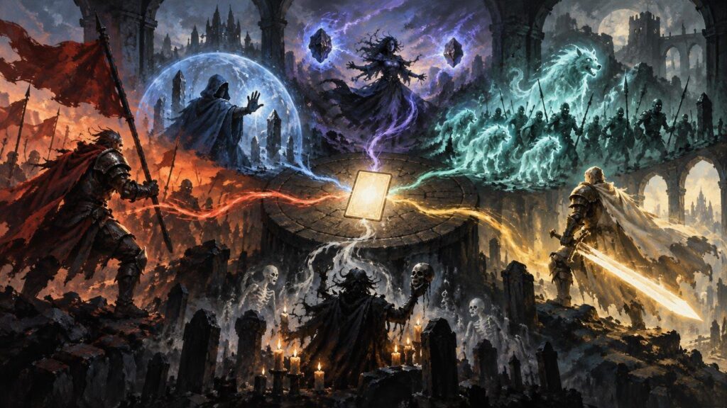 Dark fantasy battle scene in ruined stone arches: armored warriors, a robed spellcaster, ghosts, skeletons, and spectral wolves surround a glowing blank card above a circular platform.