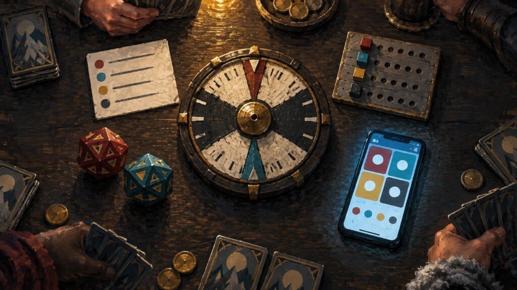 Painterly overhead scene of a tabletop game with hands holding dark-backed cards, two multicolored polyhedral dice, a large segmented circular dial, a peg-filled tracker board, a paper score sheet, coins, and a smartphone showing four colored counter panels.