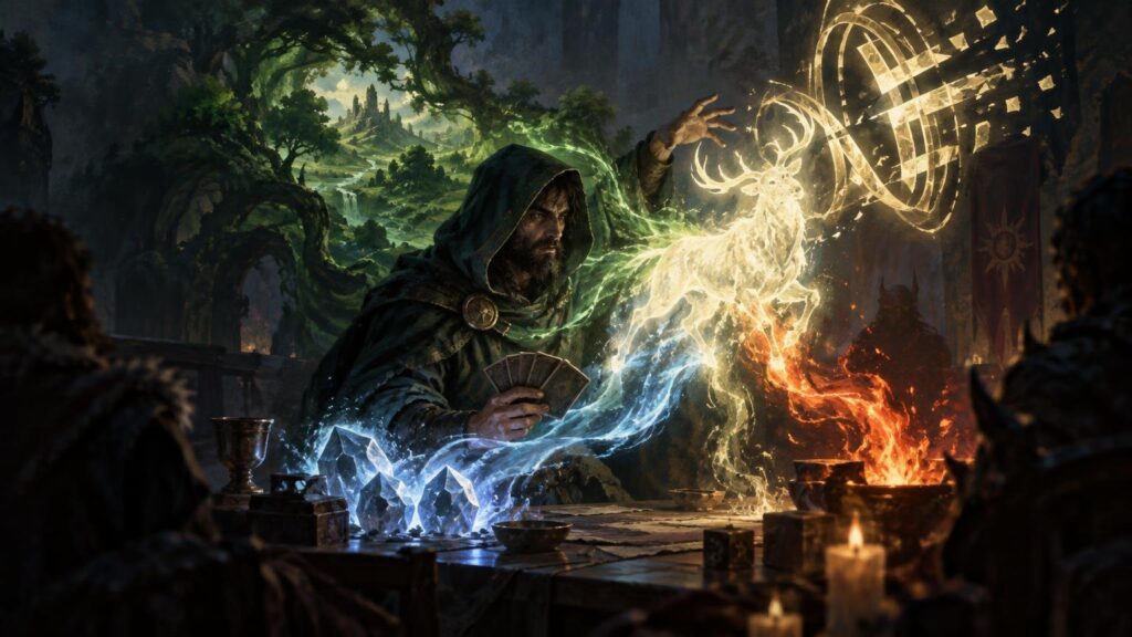 Fantasy scene of a hooded man holding a small fan of cards at a candlelit table, surrounded by glowing blue crystals, a luminous stag-like spirit, swirling green energy, and red-orange fire, with a forested valley behind him.