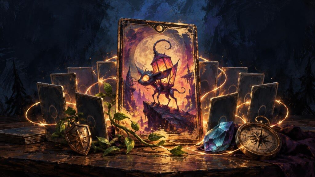 Painterly fantasy scene of a large ornate card showing a lantern-bearing insect silhouette against a glowing moon, surrounded by upright dark-backed cards, curling golden light trails, vines, a blue crystal, a shield, and a compass on a wooden table.