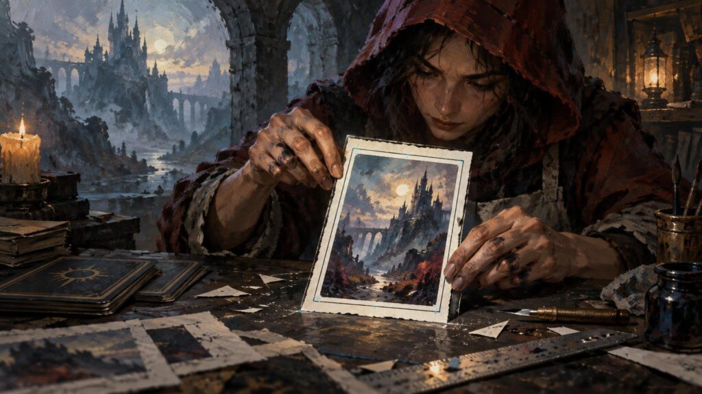 Painterly fantasy scene of a hooded artist at a cluttered worktable holding a large card print with a castle landscape, surrounded by paper scraps, brushes, a metal ruler, ink jars, a candle, and stacks of dark-backed cards.