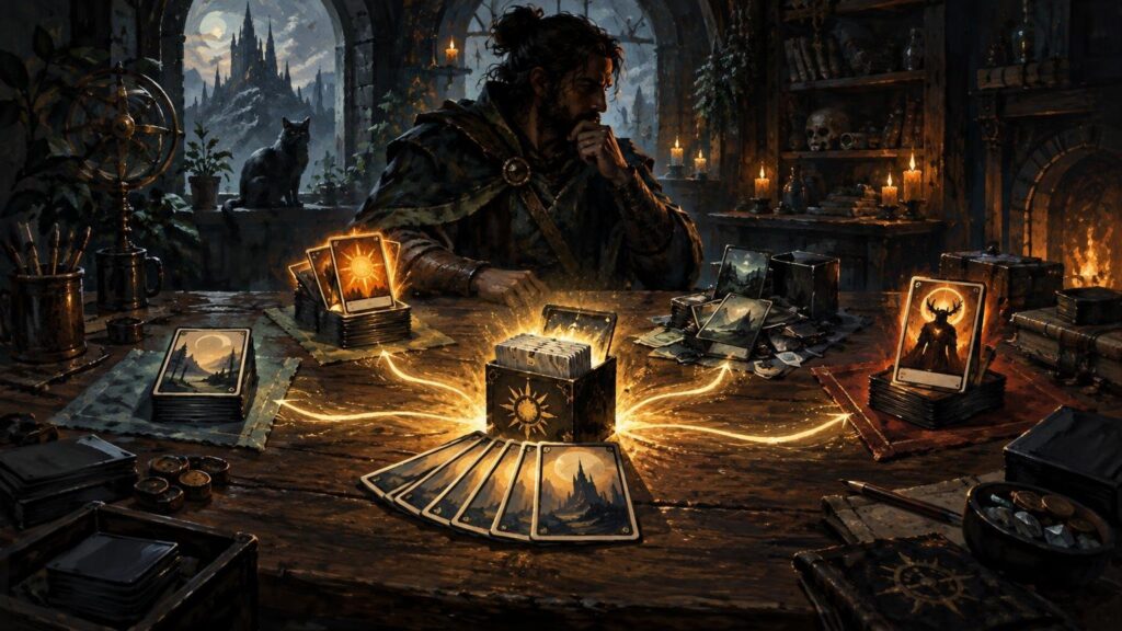 Dark fantasy painting of a thoughtful cloaked man at a candlelit table, surrounded by stacks of illustrated cards and a glowing card box, with a cat and moonlit castle visible through an arched window.